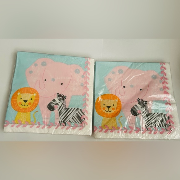 New 50 "Oh Baby" Paper Napkins Elephant Lion Zebra 13" x 13" Two Packages - Picture 10 of 16